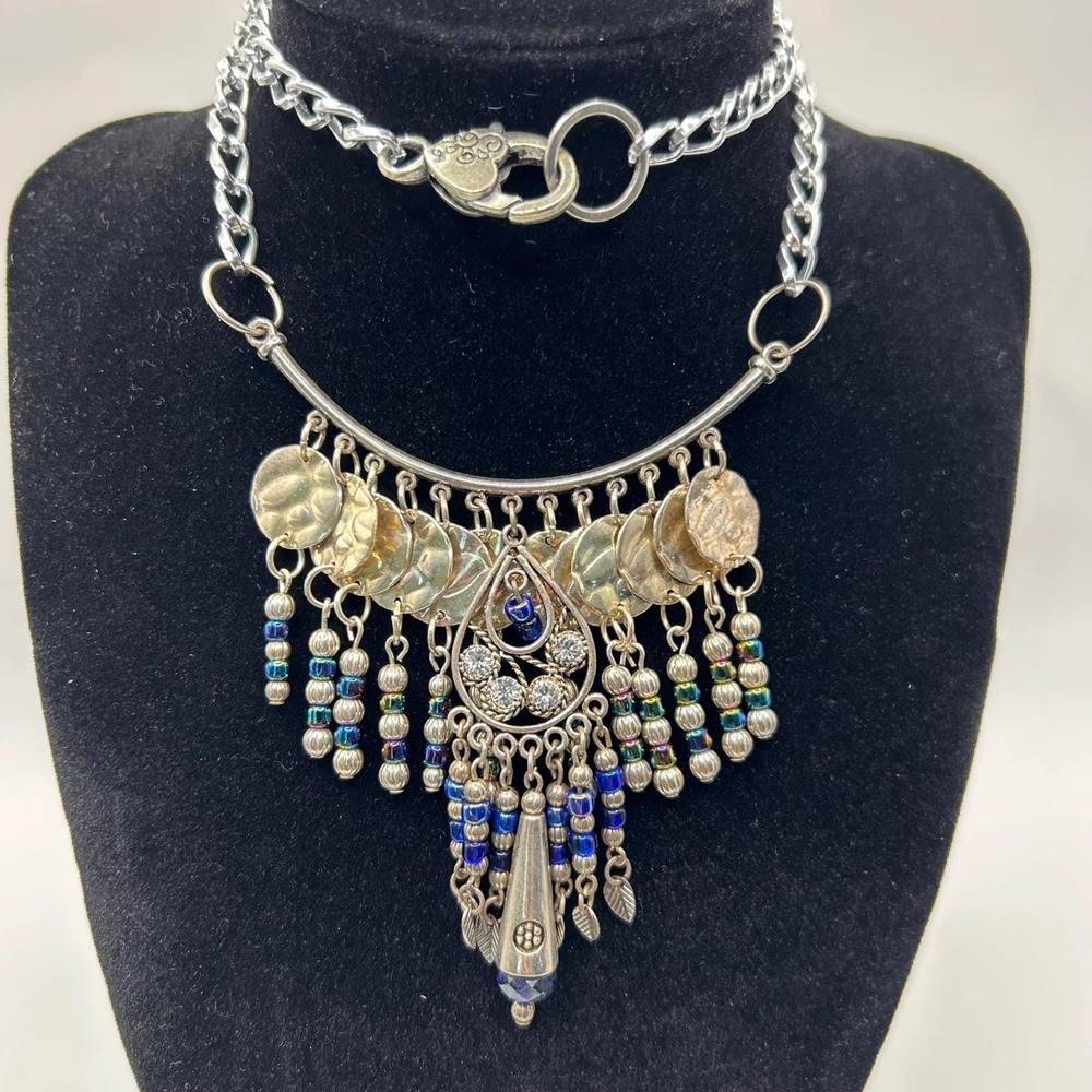 Boho Silver Tone Bib Necklace Blue Iridescent Beads Coin Dangle Heart Clasp 21in - Picture 3 of 5